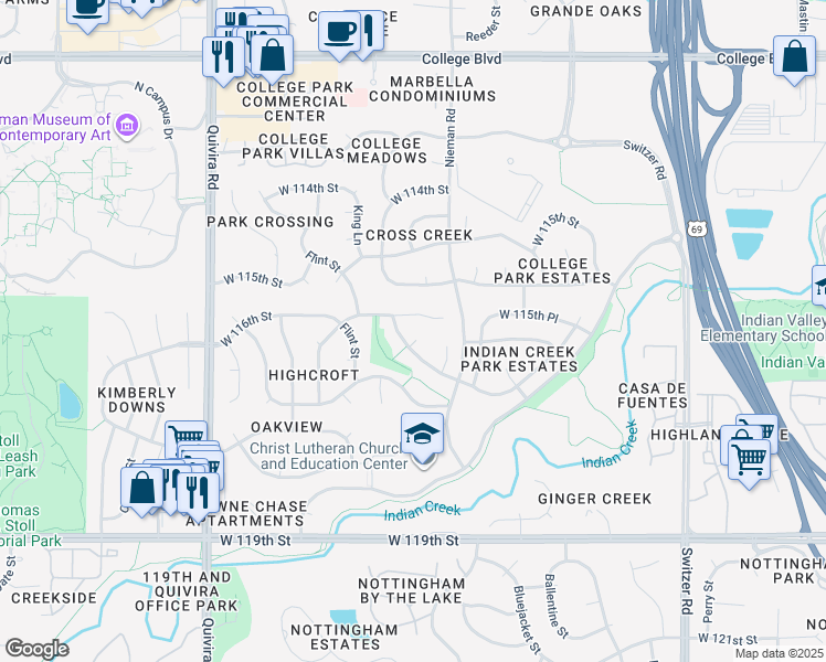 map of restaurants, bars, coffee shops, grocery stores, and more near 11240 West 116th Terrace in Overland Park