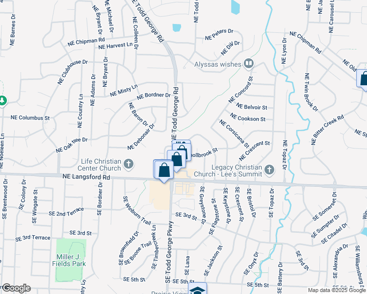 map of restaurants, bars, coffee shops, grocery stores, and more near 522 Northeast Churchill Street in Lee's Summit