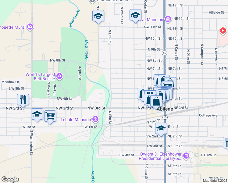 map of restaurants, bars, coffee shops, grocery stores, and more near 613 Northwest 5th Street in Abilene