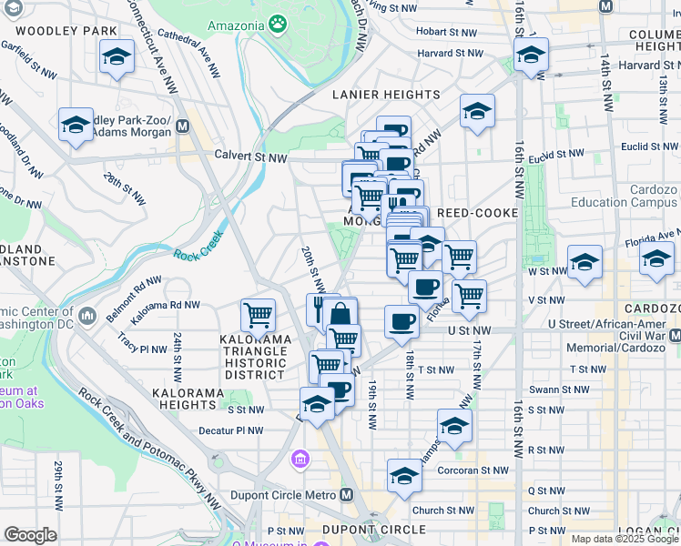 map of restaurants, bars, coffee shops, grocery stores, and more near 1901 Columbia Road Northwest in Washington