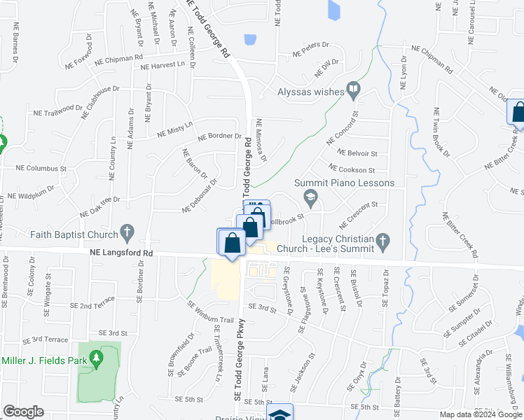 map of restaurants, bars, coffee shops, grocery stores, and more near 516 Northeast Churchill Street in Lee's Summit