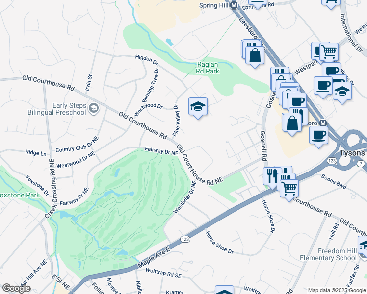 map of restaurants, bars, coffee shops, grocery stores, and more near 401 Old Courthouse Road Northeast in Vienna