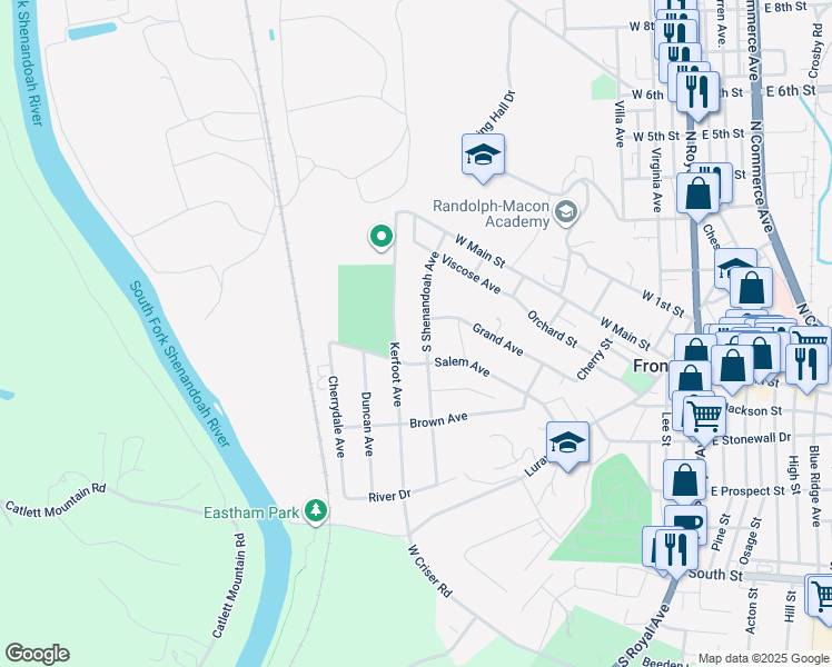 map of restaurants, bars, coffee shops, grocery stores, and more near 209 S Shenandoah Ave in Front Royal