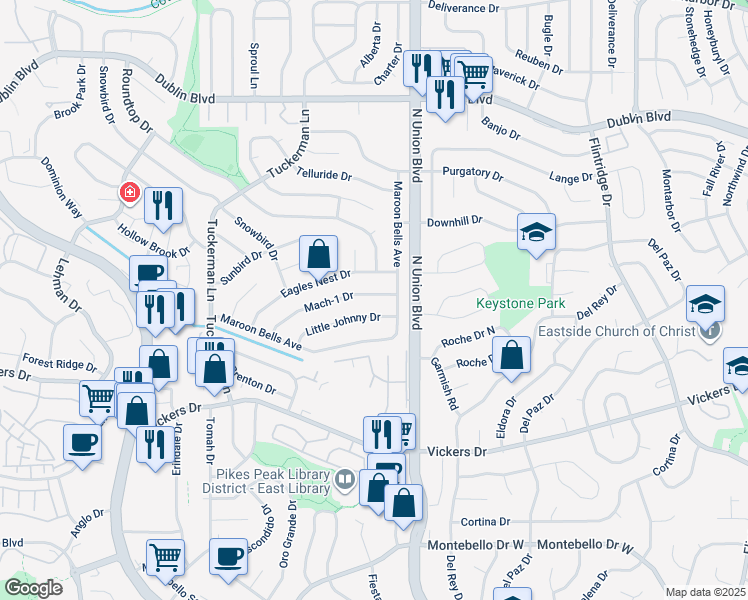 map of restaurants, bars, coffee shops, grocery stores, and more near 6235 Mach-1 Drive in Colorado Springs