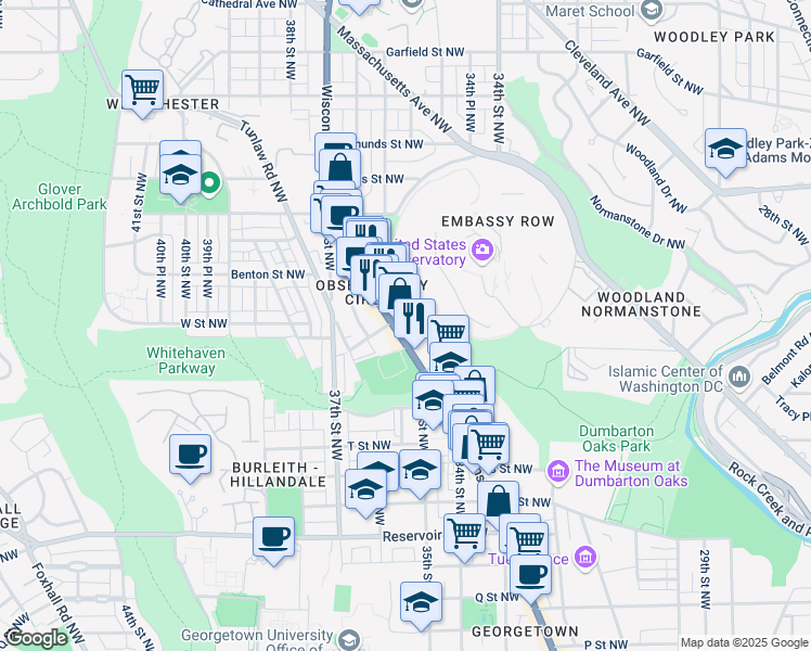 map of restaurants, bars, coffee shops, grocery stores, and more near 2141 Wisconsin Avenue Northwest in Washington