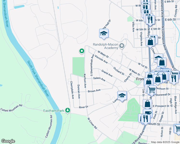 map of restaurants, bars, coffee shops, grocery stores, and more near 209 South Shenandoah Avenue in Front Royal