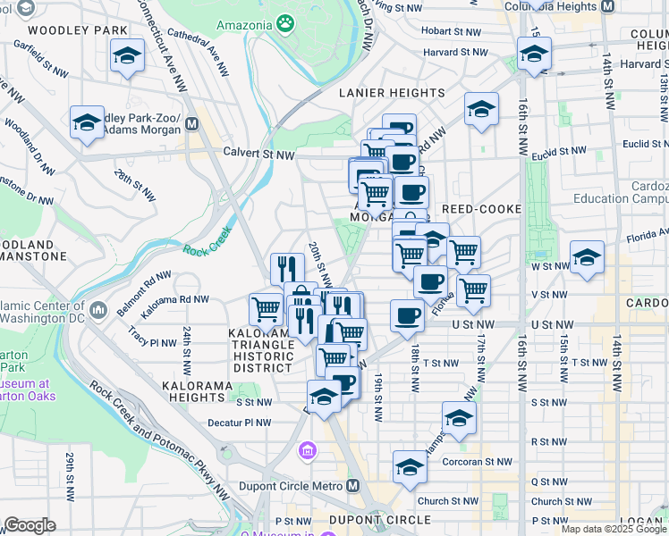 map of restaurants, bars, coffee shops, grocery stores, and more near 1910 Kalorama Road Northwest in Washington