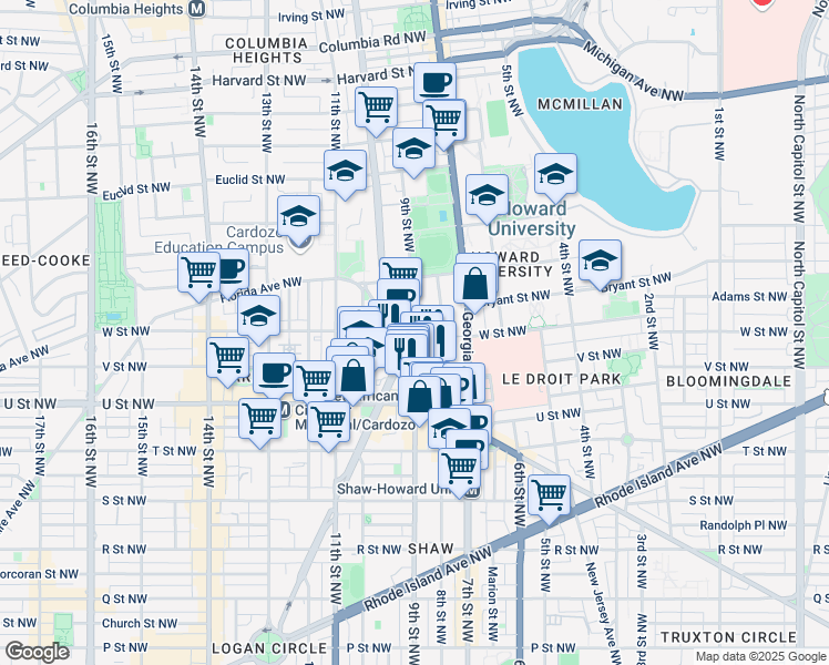 map of restaurants, bars, coffee shops, grocery stores, and more near 901 W Street Northwest in Washington
