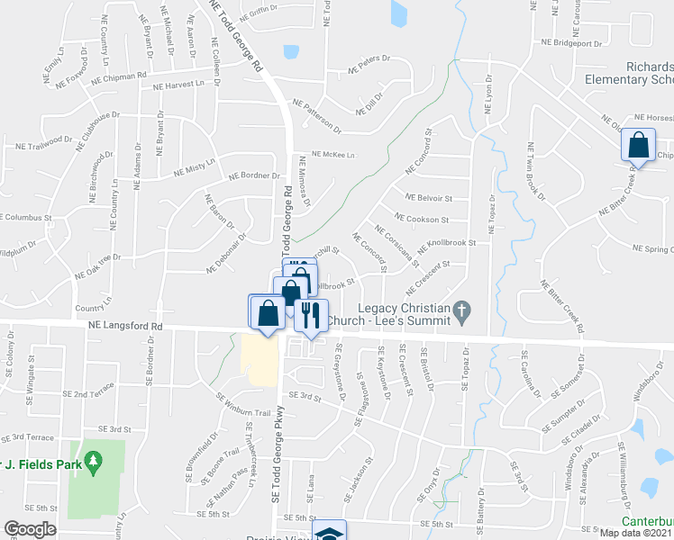 map of restaurants, bars, coffee shops, grocery stores, and more near 1848 Northeast Knollbrook Place in Lee's Summit