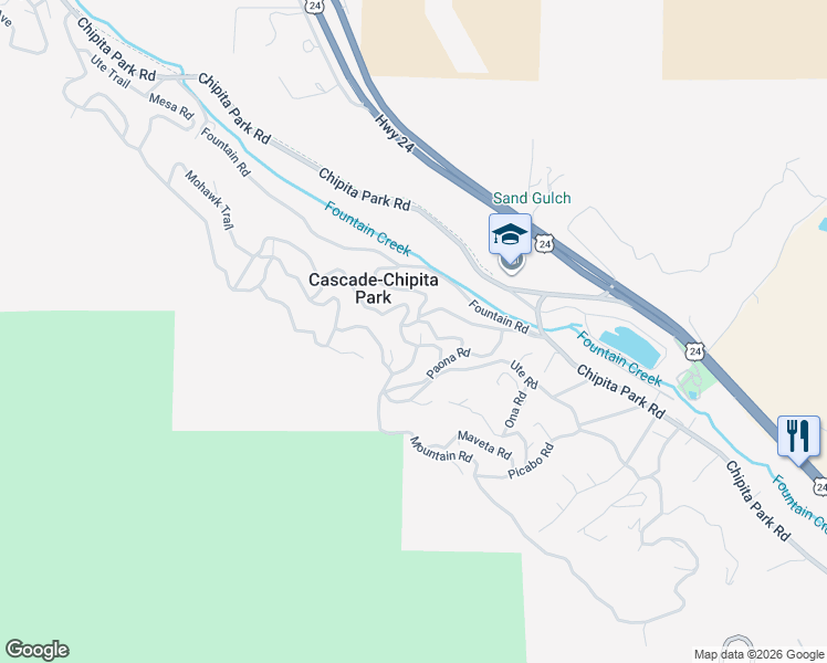 map of restaurants, bars, coffee shops, grocery stores, and more near 9454 Mohawk Trail in Cascade-Chipita Park