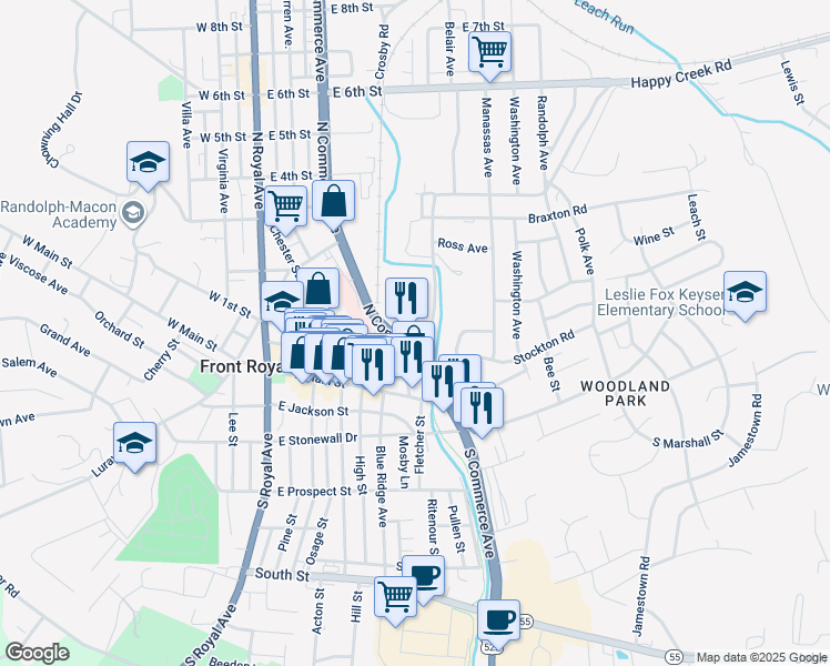 map of restaurants, bars, coffee shops, grocery stores, and more near 536 Manassas Street in Front Royal