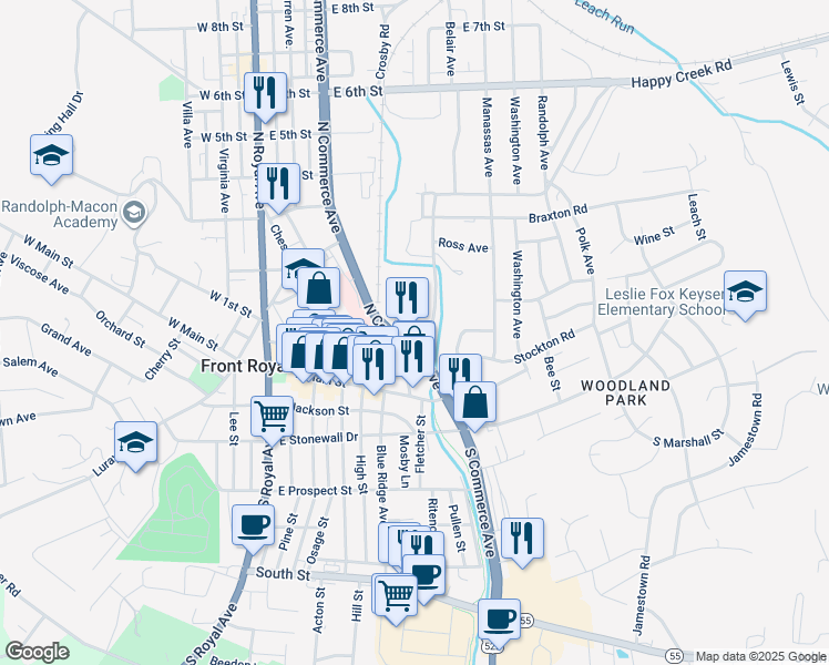 map of restaurants, bars, coffee shops, grocery stores, and more near 536 Manassas Street in Front Royal