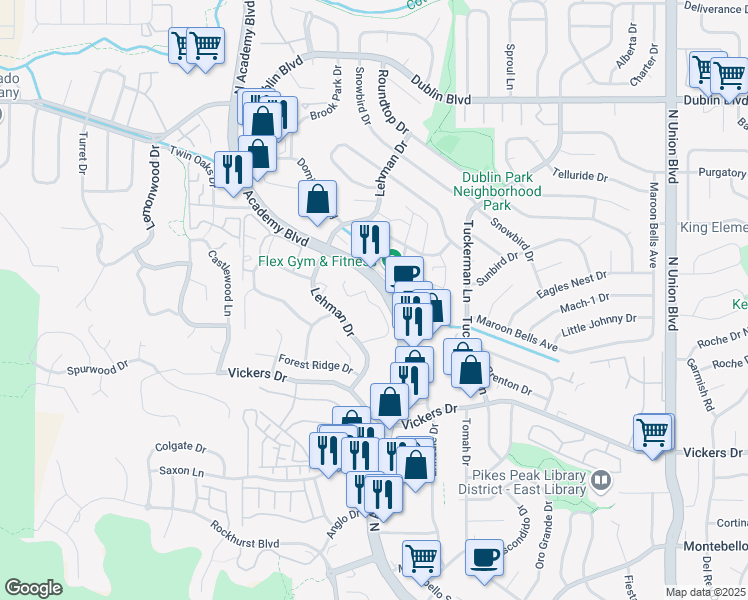 map of restaurants, bars, coffee shops, grocery stores, and more near 6050 Erin Park Drive in Colorado Springs