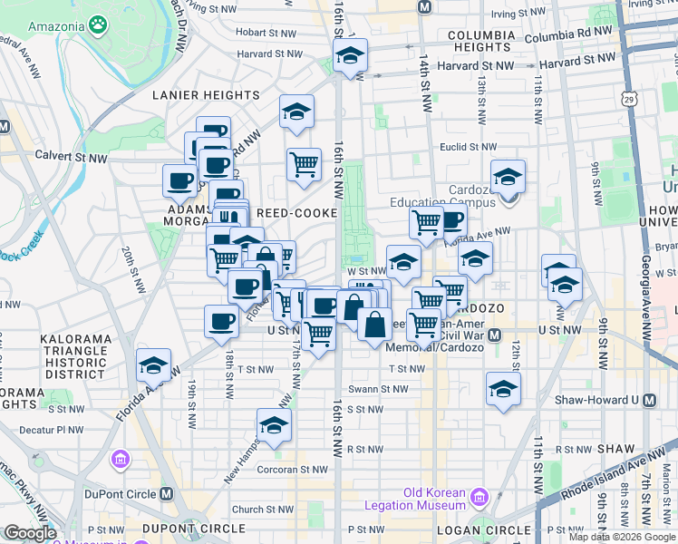 map of restaurants, bars, coffee shops, grocery stores, and more near 16th St NW & W St NW in Washington