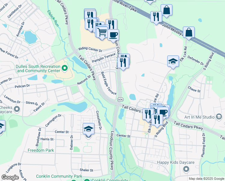 map of restaurants, bars, coffee shops, grocery stores, and more near 25248 Bald Eagle Terrace in Chantilly