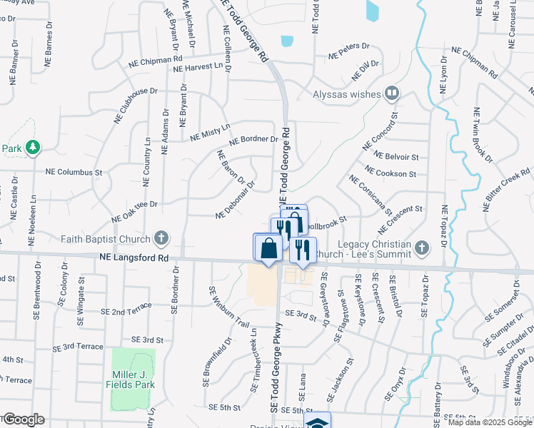 map of restaurants, bars, coffee shops, grocery stores, and more near 414 Northeast Timbercreek Drive in Lee's Summit