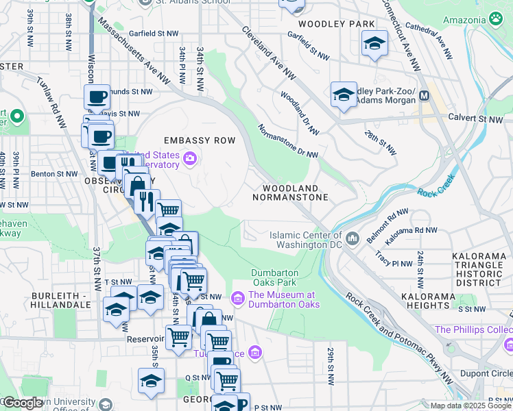 map of restaurants, bars, coffee shops, grocery stores, and more near 3100 Massachusetts Avenue Northwest in Washington