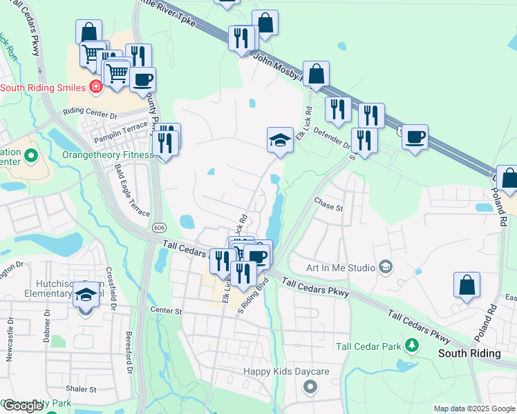 map of restaurants, bars, coffee shops, grocery stores, and more near 25230 Pond View Square in Chantilly