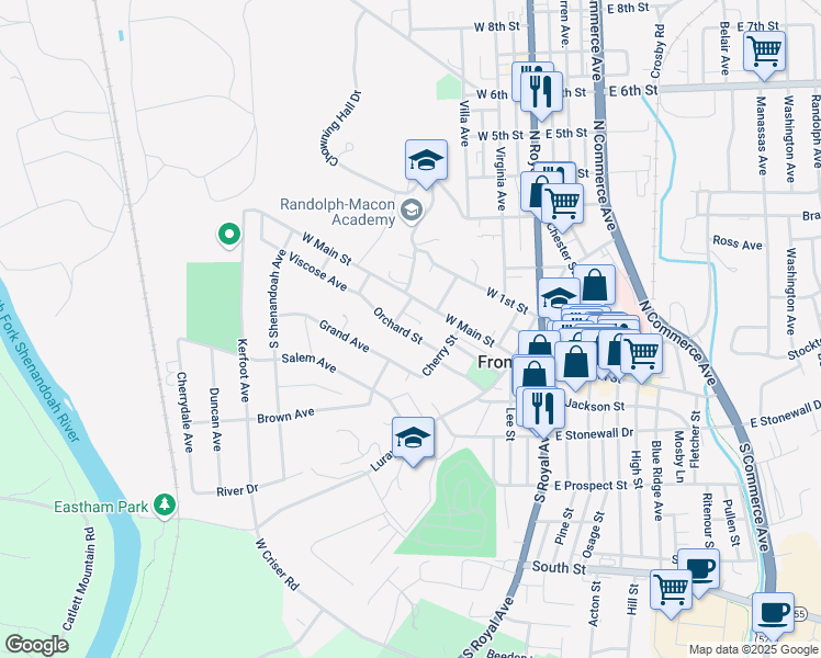 map of restaurants, bars, coffee shops, grocery stores, and more near 252 Orchard Street in Front Royal