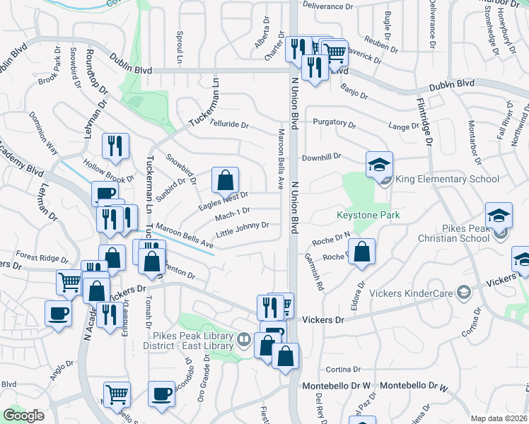 map of restaurants, bars, coffee shops, grocery stores, and more near 6235 Mach-1 Drive in Colorado Springs