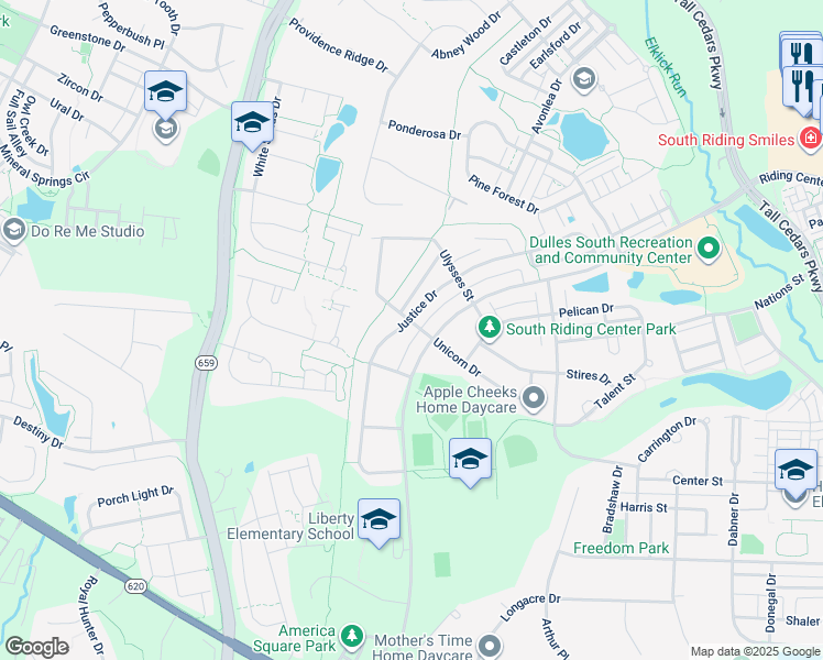 map of restaurants, bars, coffee shops, grocery stores, and more near 25253 Doolittle Lane in Chantilly