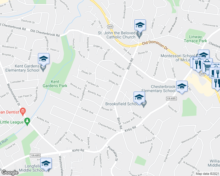 map of restaurants, bars, coffee shops, grocery stores, and more near 1730 Barbee Street in McLean