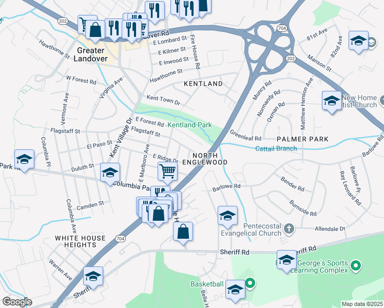 map of restaurants, bars, coffee shops, grocery stores, and more near 2109 Grove Pl in Greater Landover
