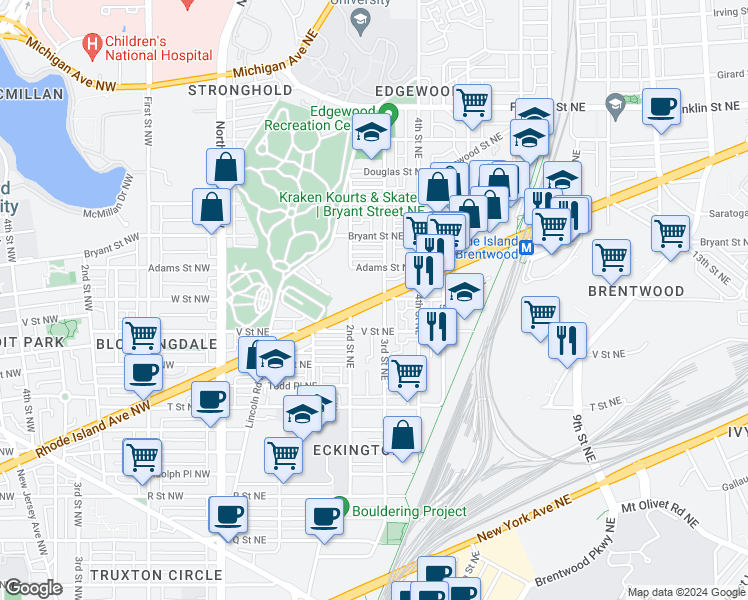 map of restaurants, bars, coffee shops, grocery stores, and more near 224 Rhode Island Avenue Northeast in Washington