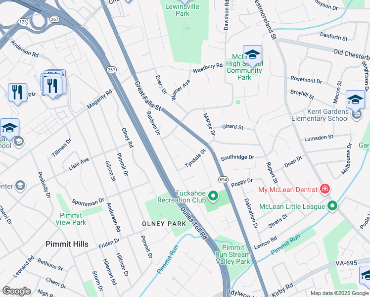 map of restaurants, bars, coffee shops, grocery stores, and more near 1734 Susquehannock Drive in McLean