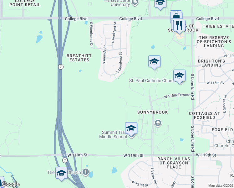 map of restaurants, bars, coffee shops, grocery stores, and more near 11522 South Montclaire Drive in Olathe