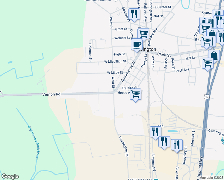 map of restaurants, bars, coffee shops, grocery stores, and more near 229 Commerce Street in Harrington