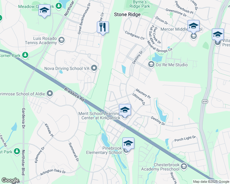 map of restaurants, bars, coffee shops, grocery stores, and more near 25258 Curiosity Square in Aldie