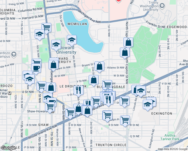 map of restaurants, bars, coffee shops, grocery stores, and more near 196 W Street Northwest in Washington
