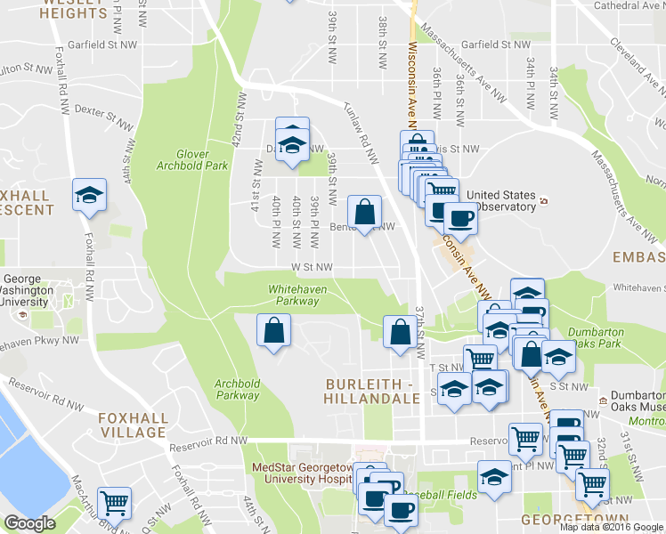 map of restaurants, bars, coffee shops, grocery stores, and more near 39th Street Northwest & W Street Northwest in Washington