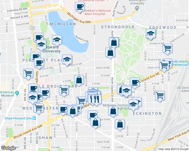 map of restaurants, bars, coffee shops, grocery stores, and more near 1st St NW & W St NW in Washington