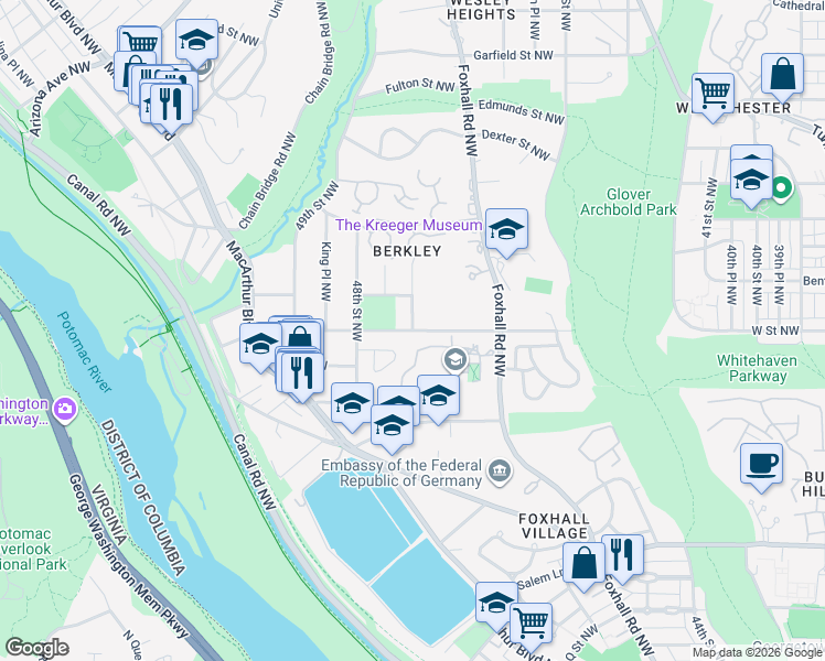map of restaurants, bars, coffee shops, grocery stores, and more near W street Northwest & 46th Street Northwest in Washington