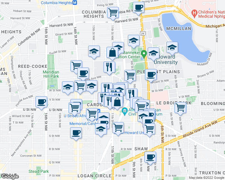 map of restaurants, bars, coffee shops, grocery stores, and more near 11th Street Northwest & W Street Northwest in Washington
