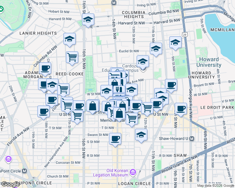 map of restaurants, bars, coffee shops, grocery stores, and more near 14th Street Northwest & W Street Northwest in Washington