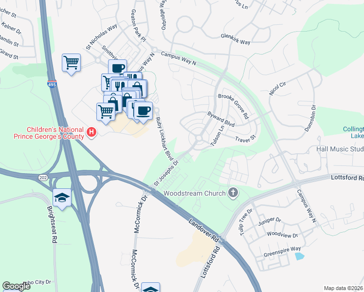 map of restaurants, bars, coffee shops, grocery stores, and more near 9450 Ruby Lockhart Boulevard in Lanham