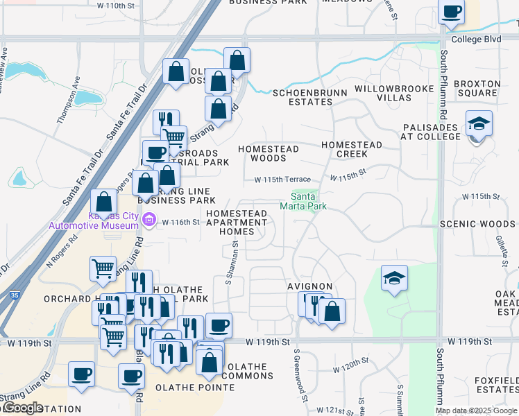 map of restaurants, bars, coffee shops, grocery stores, and more near 14330 West 116th Street in Olathe