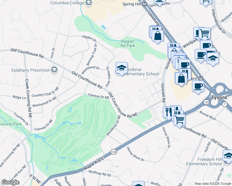 map of restaurants, bars, coffee shops, grocery stores, and more near 1125 Westbriar Court Northeast in Vienna