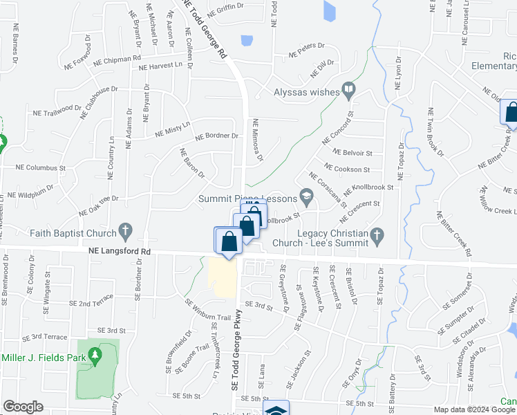 map of restaurants, bars, coffee shops, grocery stores, and more near 518 Northeast Churchill Street in Lee's Summit