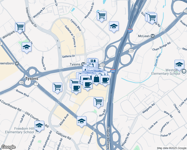 map of restaurants, bars, coffee shops, grocery stores, and more near 7928 Tysons One Place in Tysons