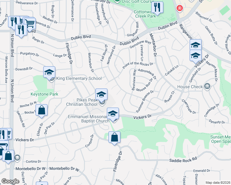 map of restaurants, bars, coffee shops, grocery stores, and more near 6115 Amber Way in Colorado Springs