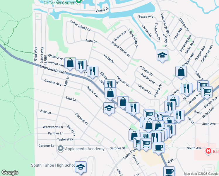 map of restaurants, bars, coffee shops, grocery stores, and more near 2036 10th Street in South Lake Tahoe