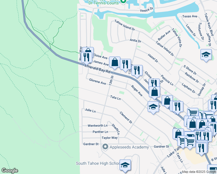 map of restaurants, bars, coffee shops, grocery stores, and more near 1951 13th Street in South Lake Tahoe