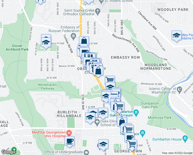 map of restaurants, bars, coffee shops, grocery stores, and more near Wisconsin Avenue Northwest & W Place Northwest in Washington