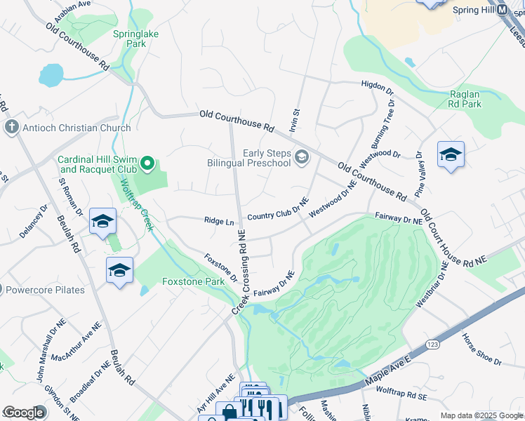 map of restaurants, bars, coffee shops, grocery stores, and more near 906 Country Club Drive Northeast in Vienna