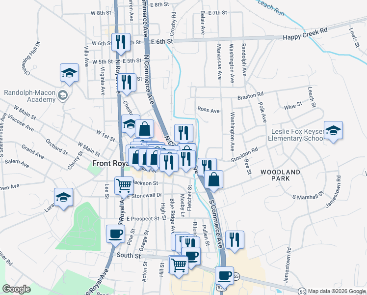 map of restaurants, bars, coffee shops, grocery stores, and more near 553 Manassas Street in Front Royal