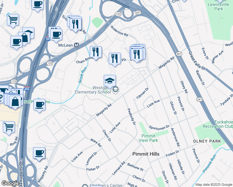 map of restaurants, bars, coffee shops, grocery stores, and more near 7500 Magarity Road in Falls Church